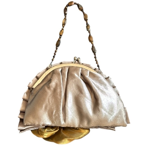 Vintage Taupe Satin Evening Bag Clutch with Gold Fabric Rose and Beaded Strap - Picture 3 of 9